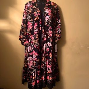 New Time & Tru long printed kimono floral swimsuit overcoat black size L/XL NWT